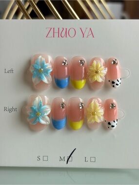 Floral 3D Press-On Nail Set - Pink, Blue & Yellow-med
